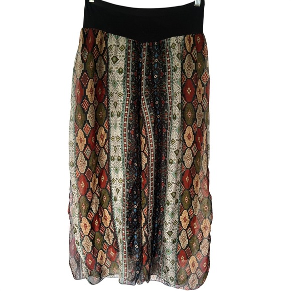 Scandal Italy Silk Wide Leg Palazzo Pants Boho Tile Print Black Waistband - Picture 9 of 9